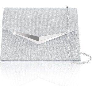 Women's Silver 2 Clutch Purses Sparkling Envelope Evening Bag Detachable Chain